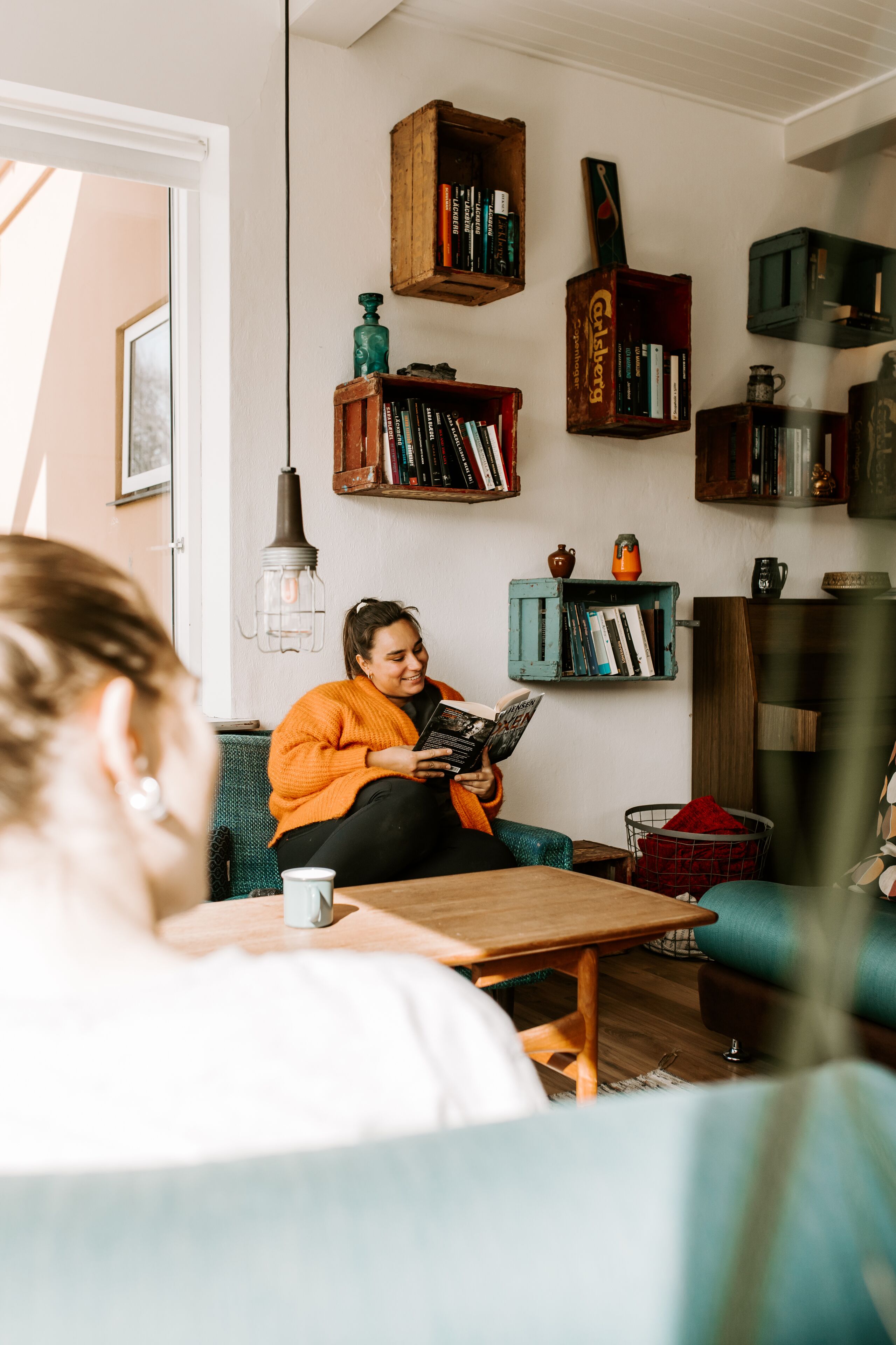 En hyggelig stue med en sofa, et sofabord og en reol fyldt med bøger og pynteting.