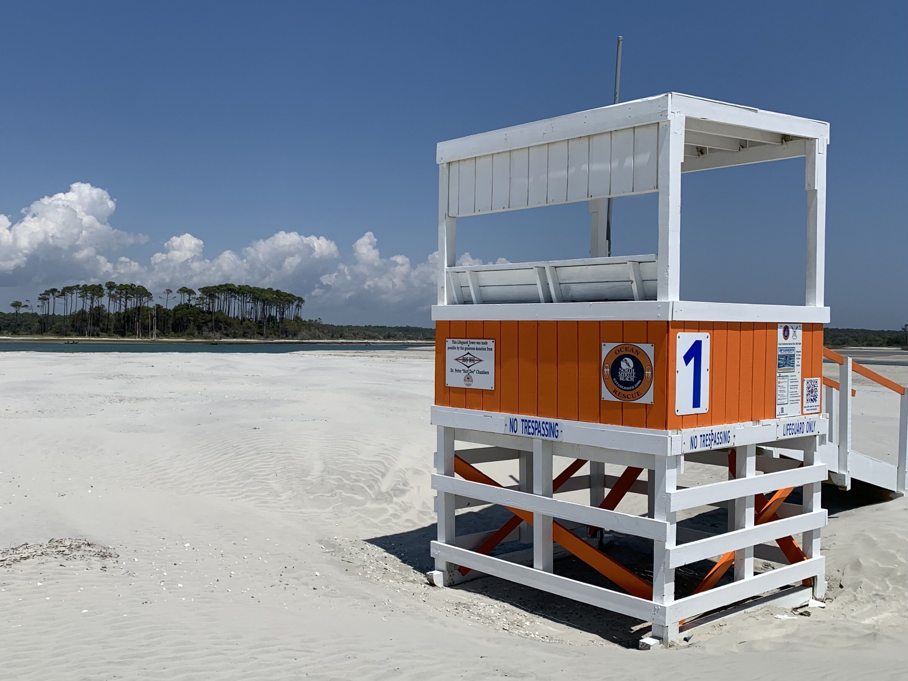 Une tour de surveillance des sauveteurs offrant une vue dégagée sur la plage et l’océan en arrière-plan.