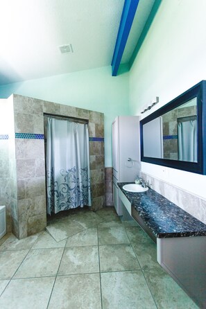 Combined shower/bathtub, jetted bath, hair dryer, towels