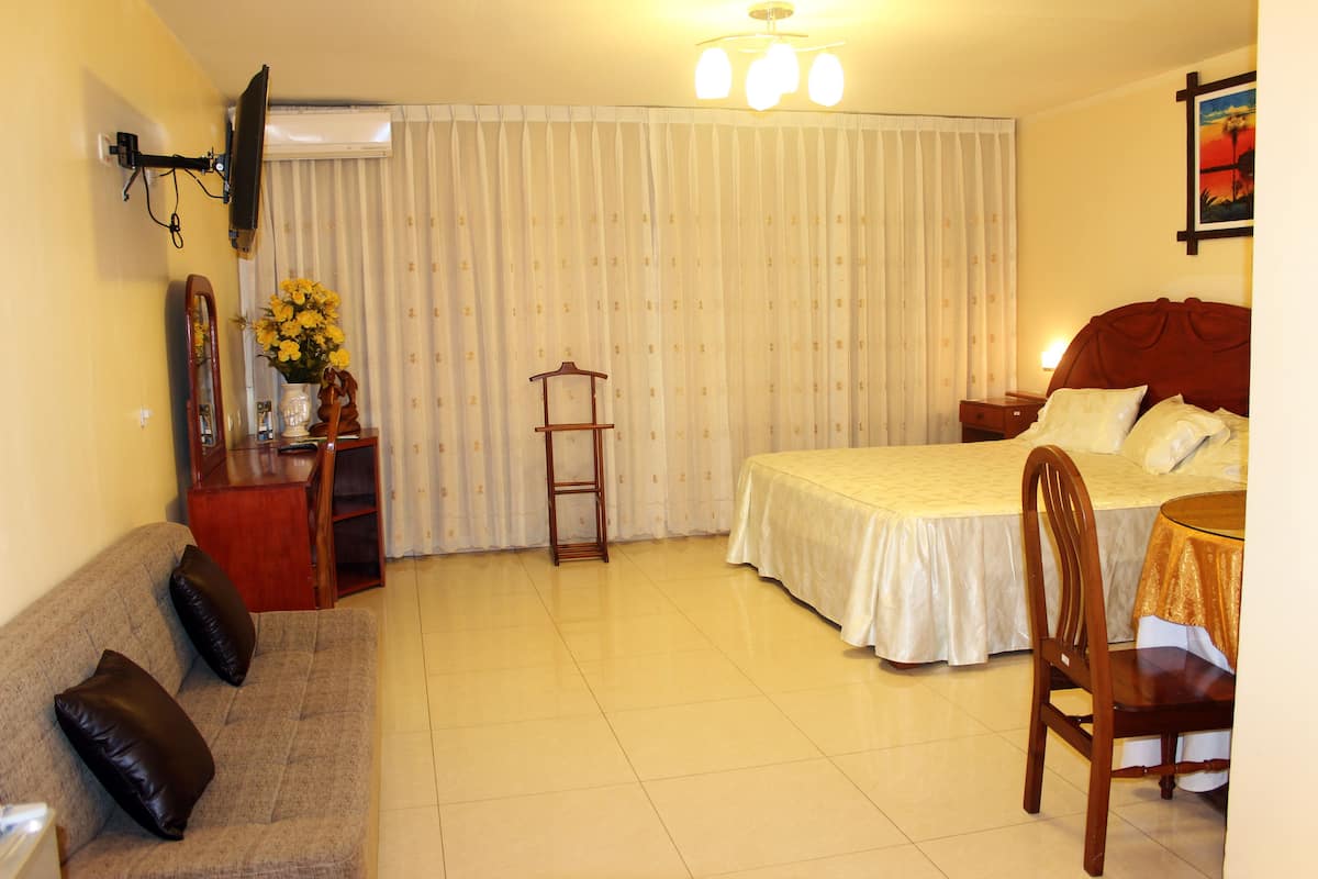 Une chambre d’hôtel comprenant un lit, un canapé, une chaise, un bureau avec une lampe et un téléviseur fixé au mur.