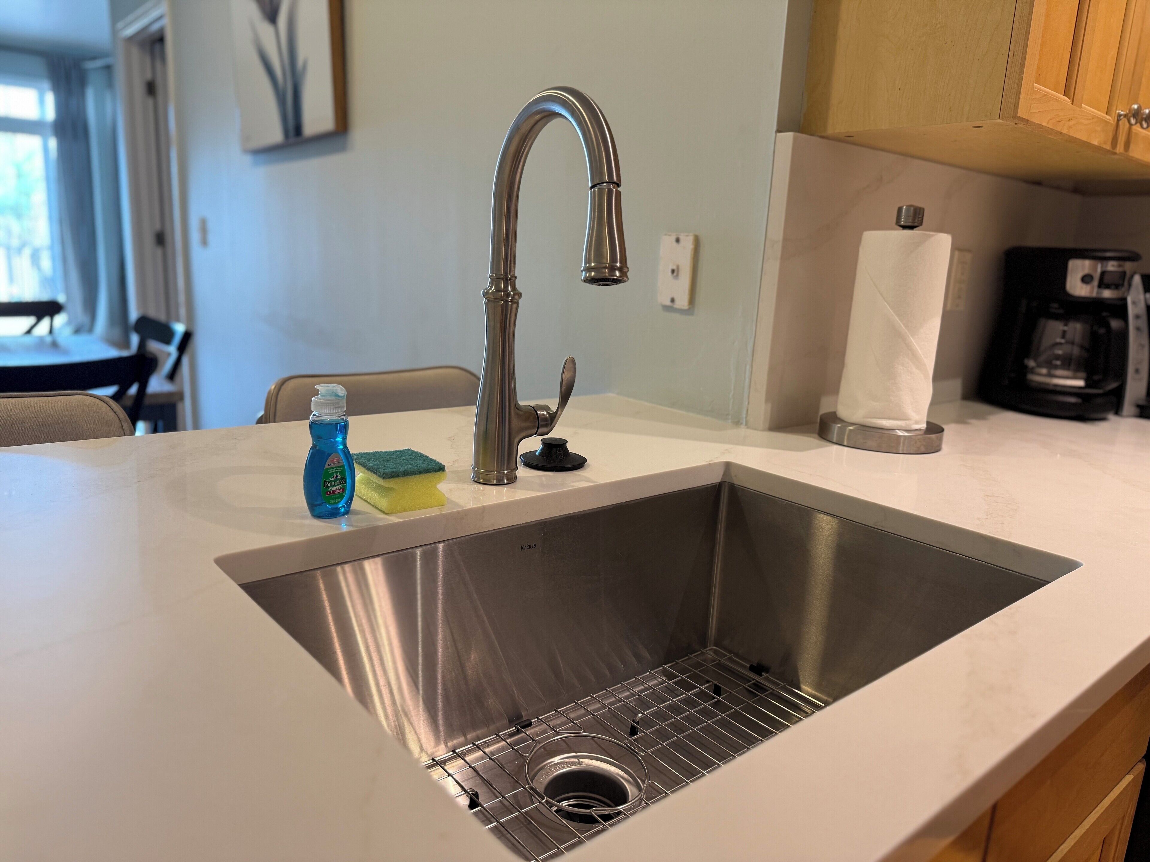 A kitchen with a stainless steel sink, a dish soap bottle, a sponge, and a paper towel holder.