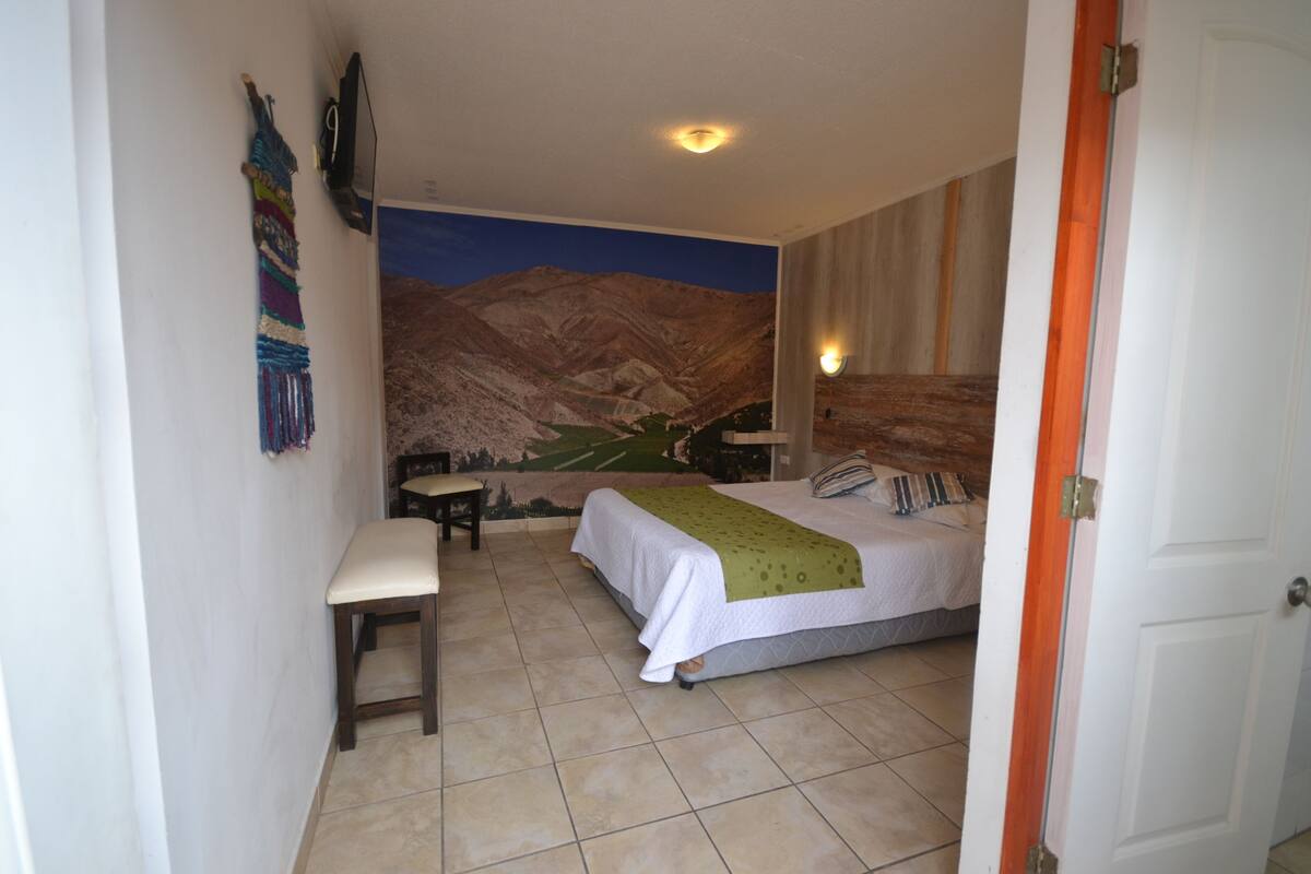 Ein Schlafzimmer mit einem Bett, einem Schreibtisch und einem Stuhl.