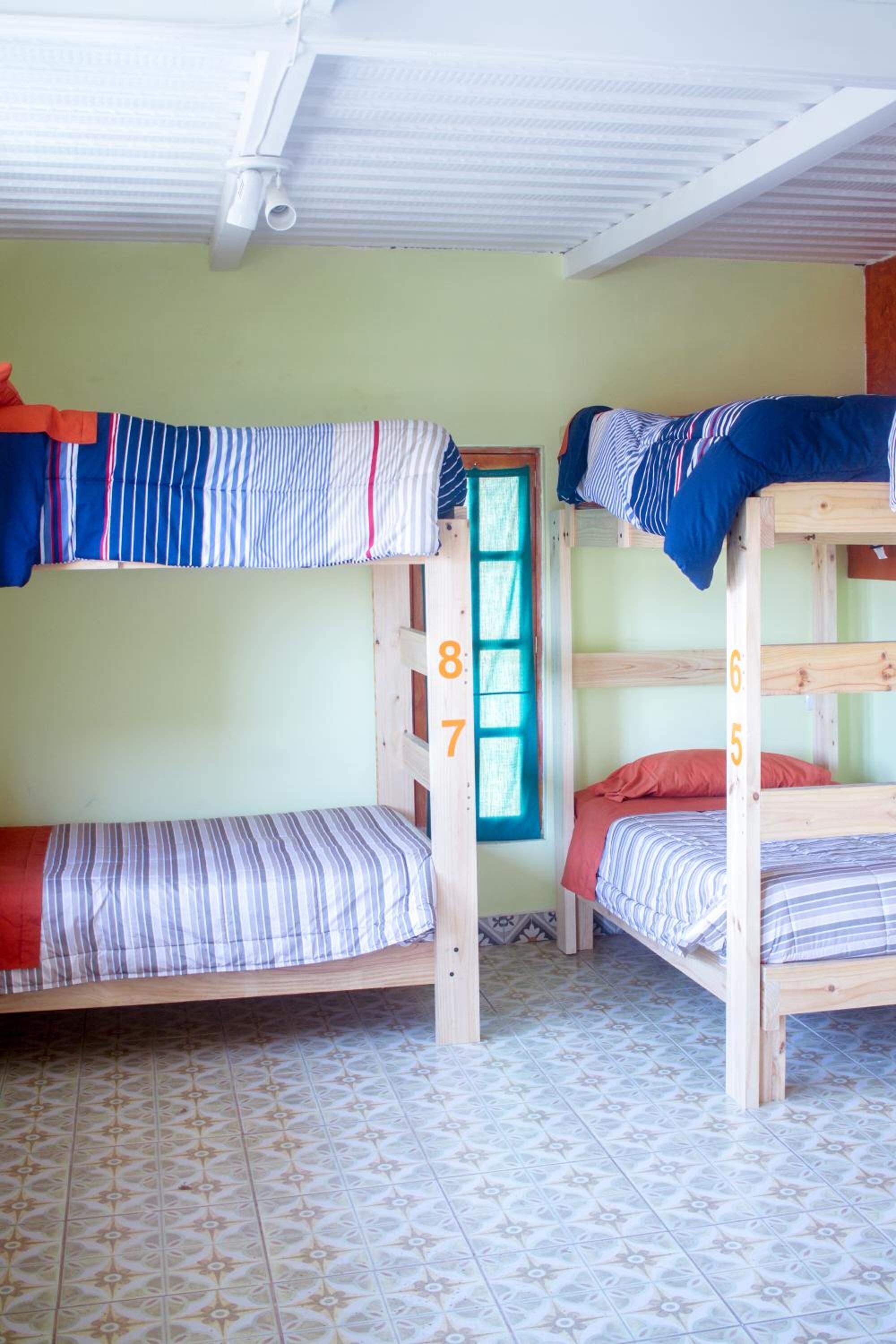 Quarto em dormitório com beliches numerados 5, 6, 7 e 8, uma janela com cortinas verdes e ladrilhos de chão estampados.