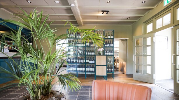 A lobby with a seating area, a large potted plant, and a wine display. - De Kastanjehof (Lage Vuursche)