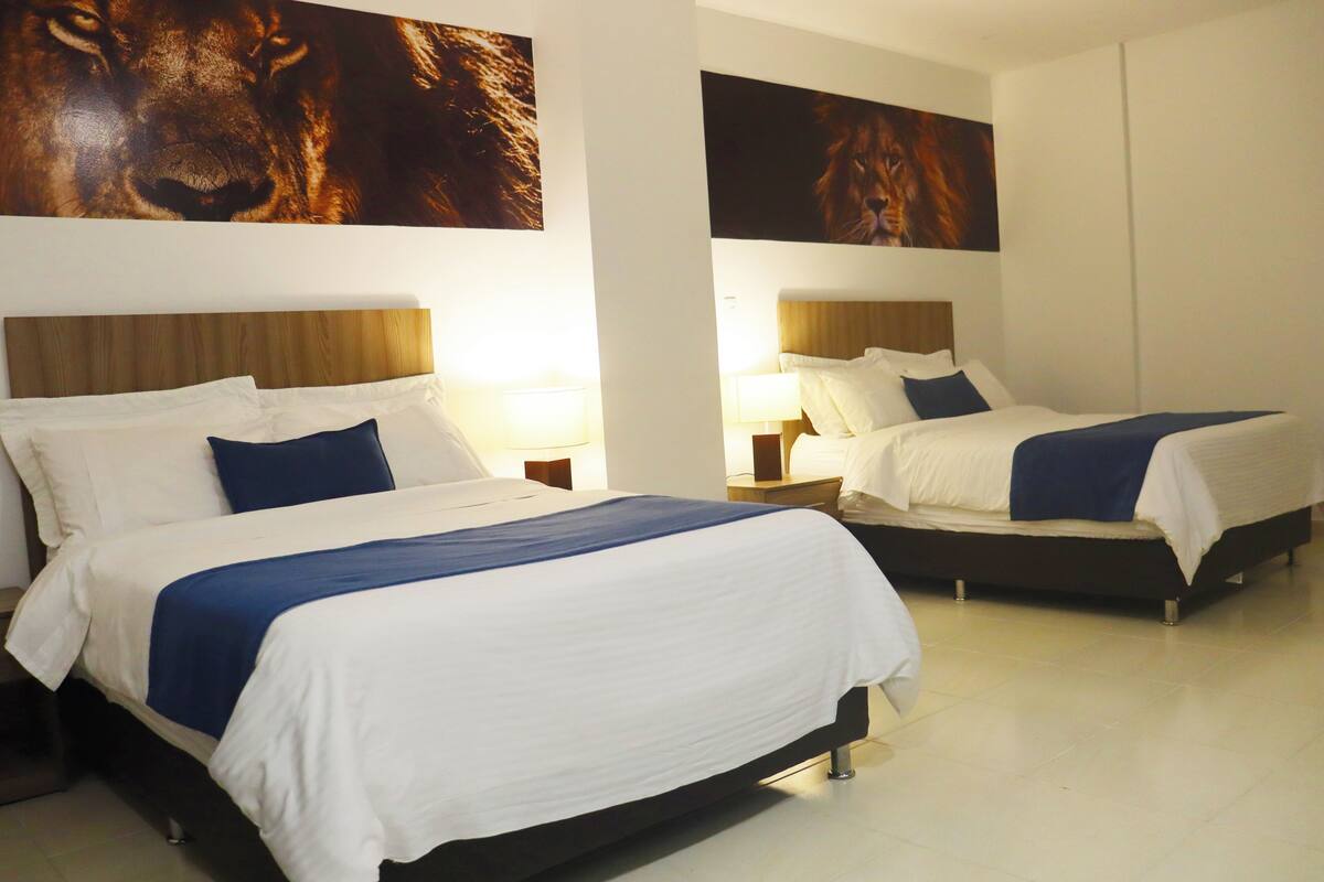 Two adjacent beds with white and blue bedding, wooden headboards, and wall-mounted lamps.