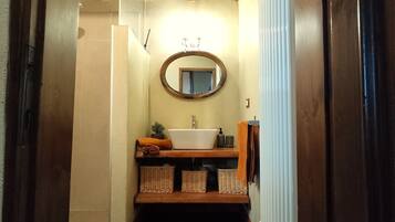 Shower, hair dryer, bidet, towels
