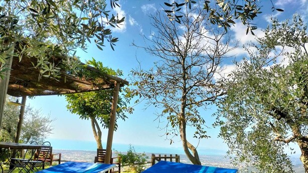 An outdoor seating area with blue chairs and a pergola overlooking a scenic view. - Characteristic tuscan rustic (Camaiore)