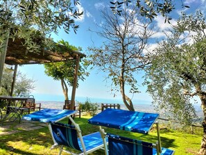 Zona salotto all'aperto con sedie blu e un pergolato che si affaccia su un panorama suggestivo.