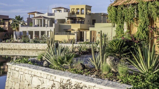 A modern residential area with multiple houses, a stone retaining wall, and a variety of desert plants. - AV149-Loreto Bay-Luxury Private Villa with Pool (Loreto)