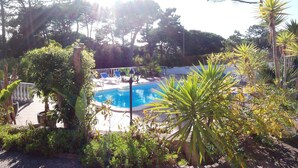 Una piscina rodeada de exuberante vegetación y una valla blanca.