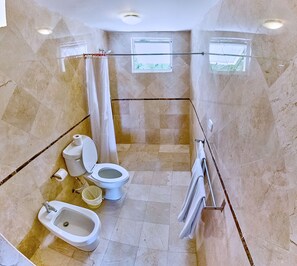 Hair dryer, towels, soap, shampoo