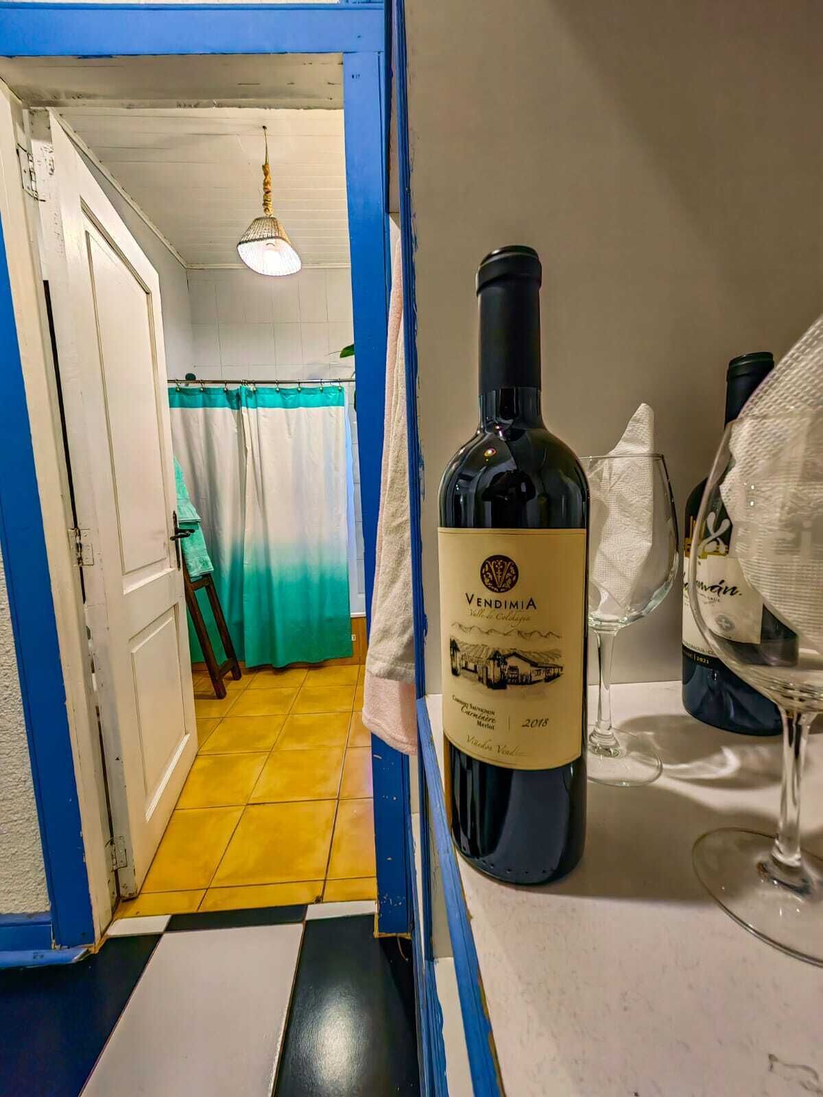 A room with a wine bottle and glass on a counter, a door leading to a bathroom, and a hanging light fixture.