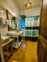 Un baño con lavamanos blanco, espejo y toallero. Hay una planta colgante y una cortina de ducha a rayas.