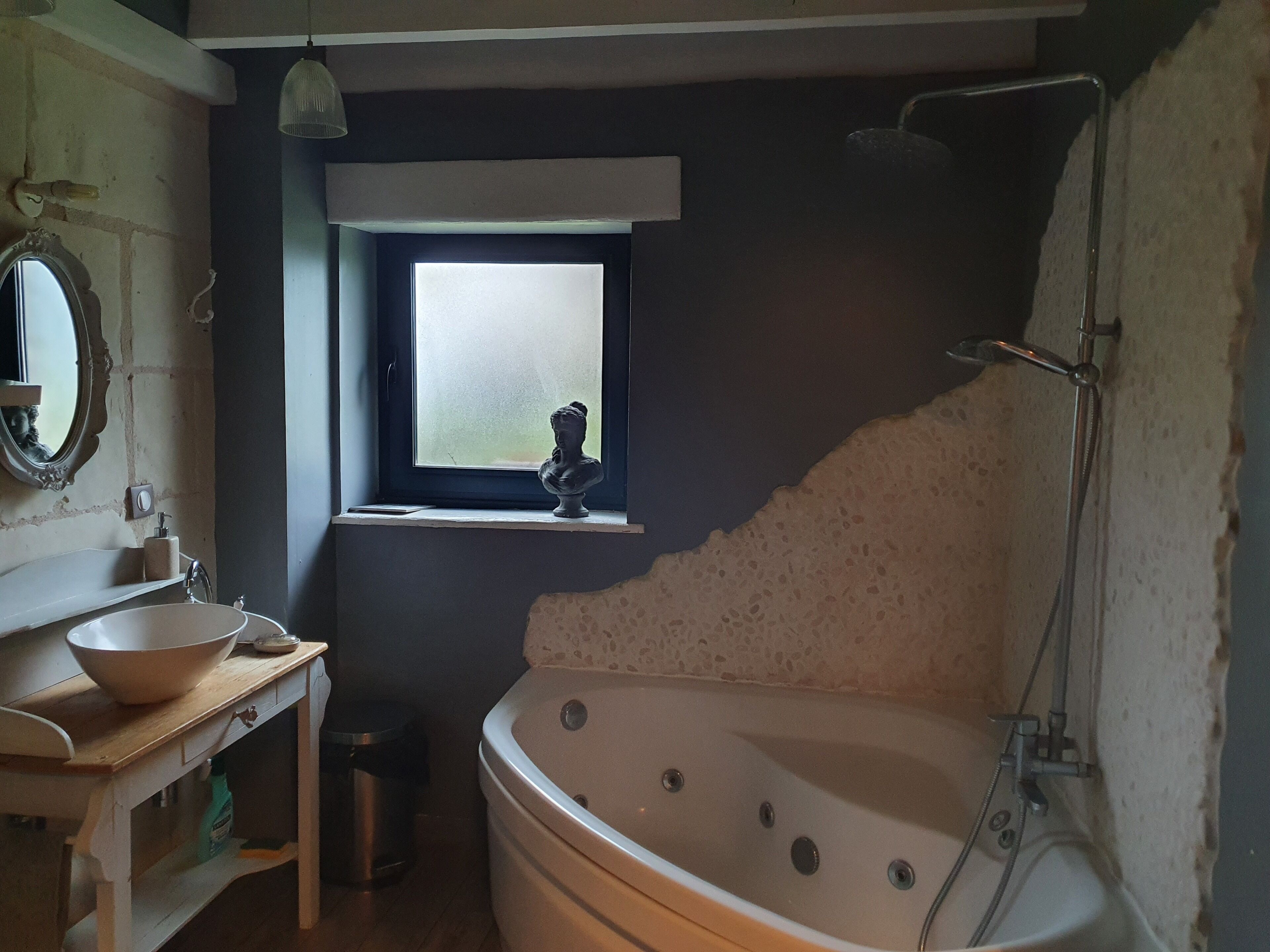 Bathtub, hair dryer, towels, toilet paper
