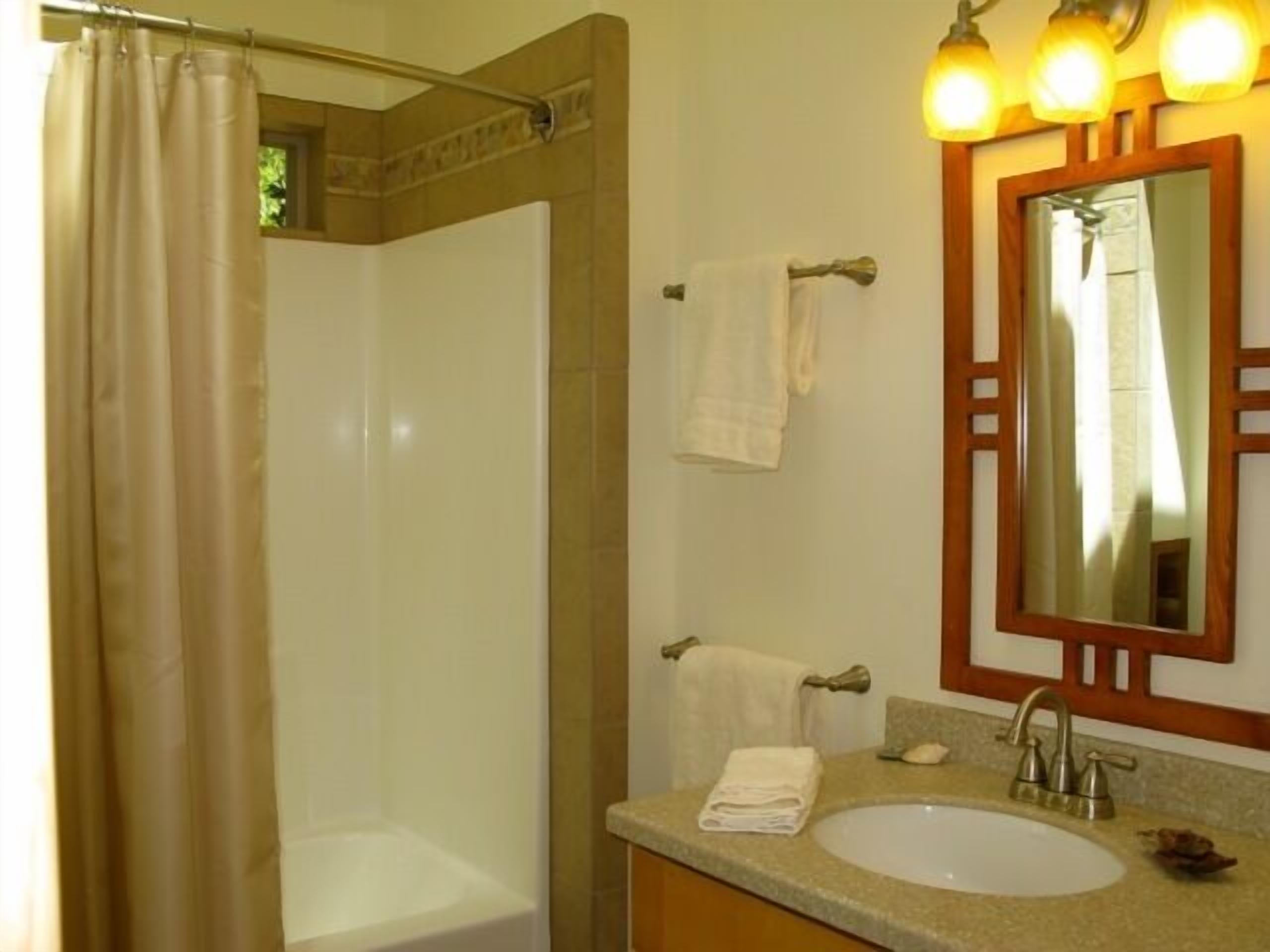 Un baño con ducha, lavamanos y espejo.