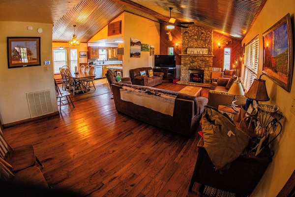 Living room with wood or electric fireplace viewed fr entryway. (wideangle lens)