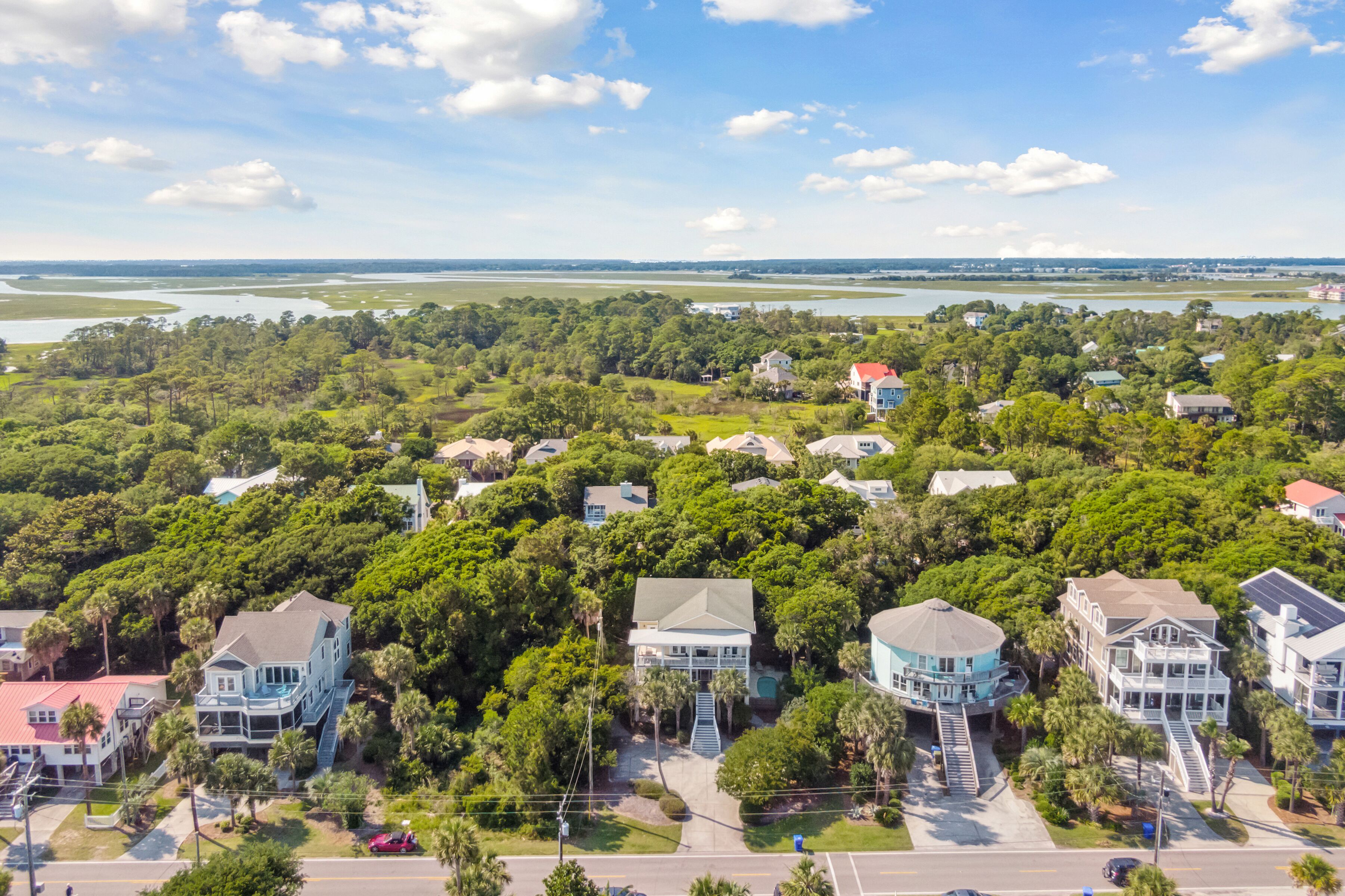 A residential area with houses surrounded by dense greenery and a view of a body of water in the distance.