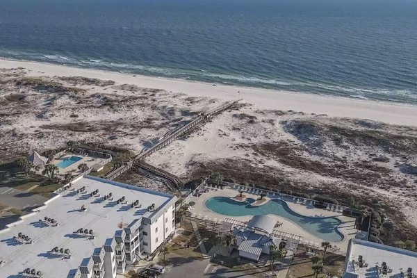 Ariel View of Building 2, Beachfront Pools, Boardwalk, Gulf of Mexico