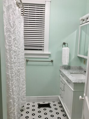 Combined shower/bathtub, hair dryer, towels, soap - Historic Old West Lawrence - Minutes to beautiful Mass St, KU, Sports Pavillion (Lawrence)