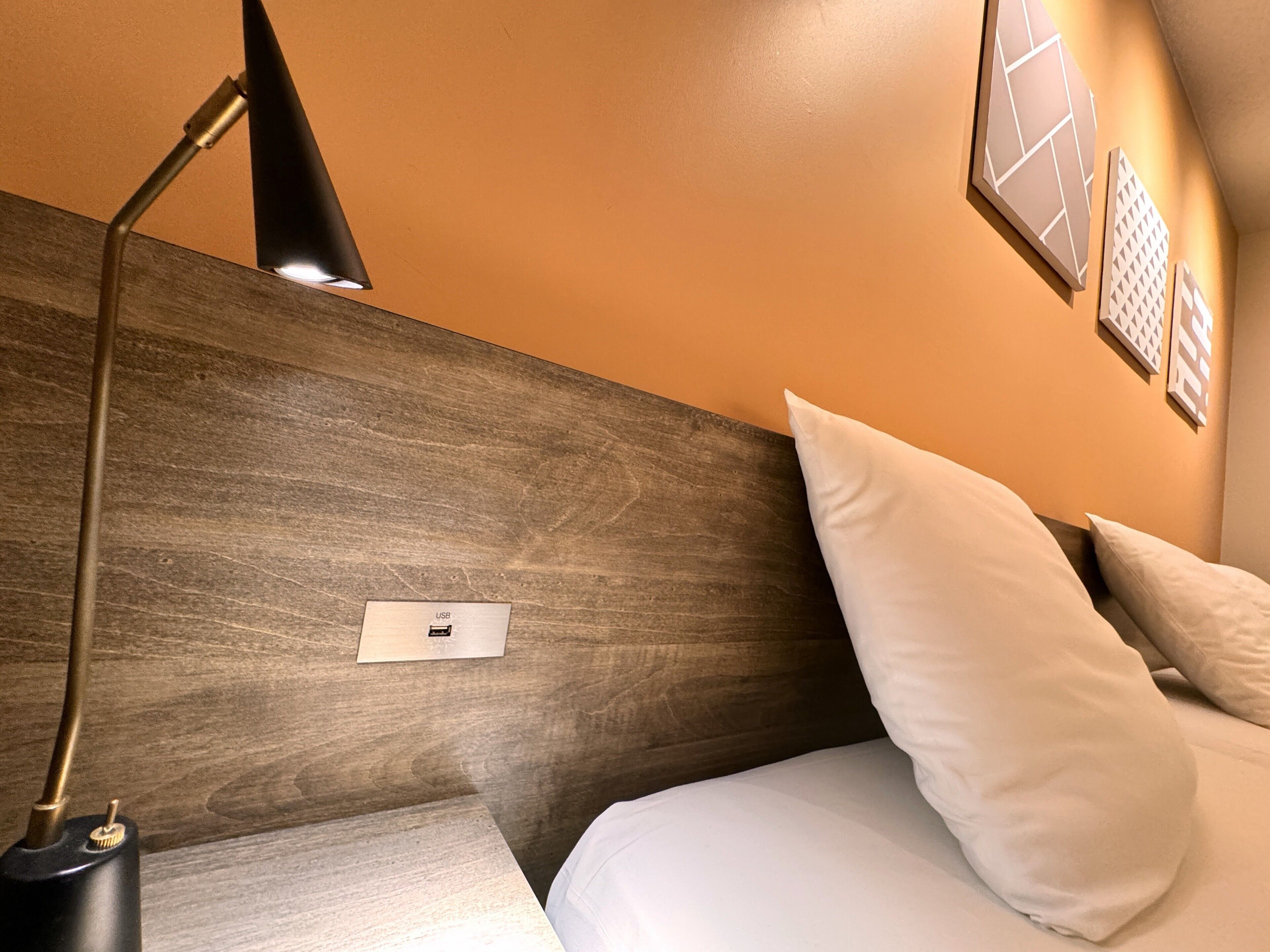 A modern hotel room with a wooden headboard, a USB charging station, and white bedding.