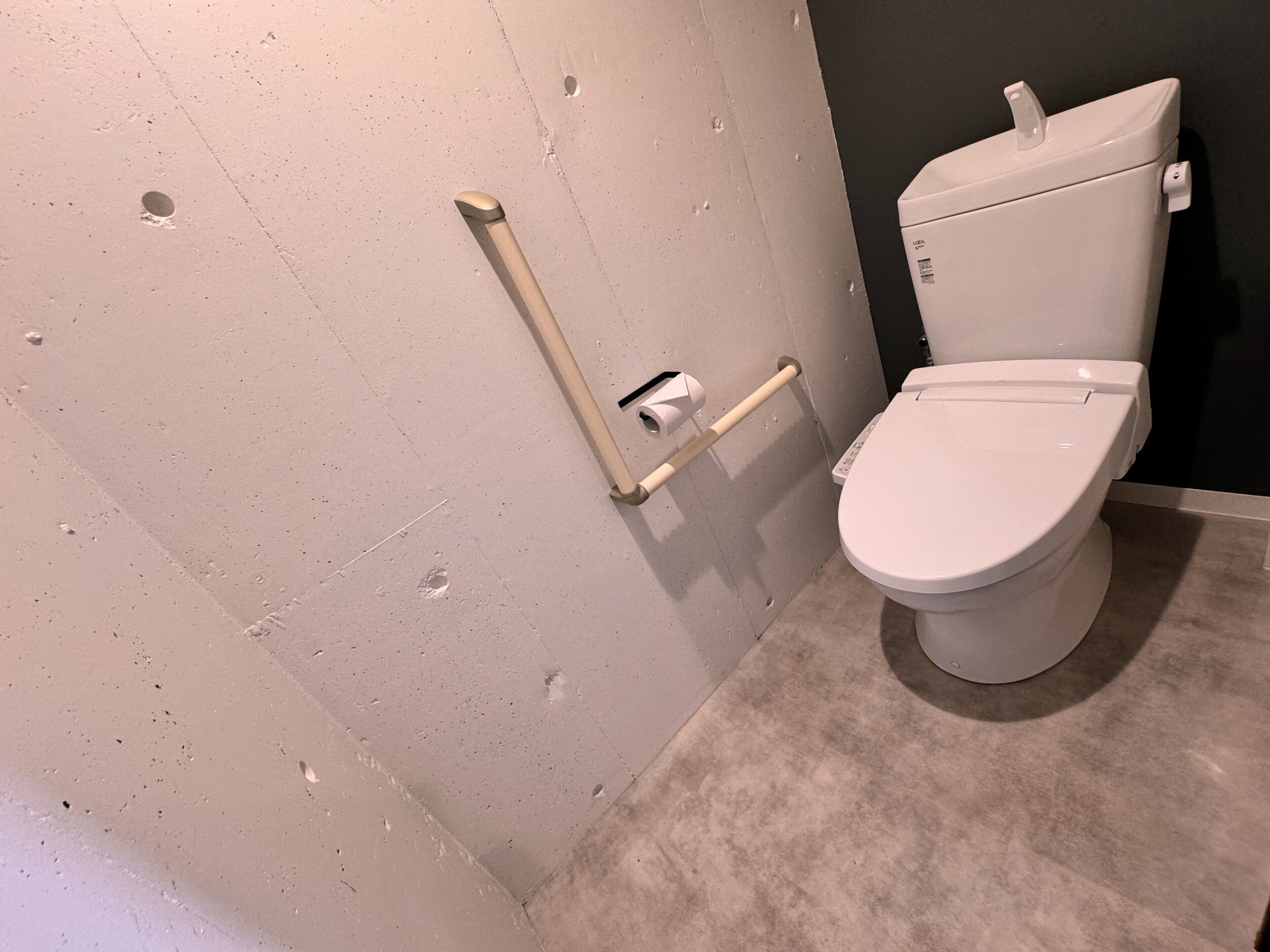 A modern bathroom with a toilet, grab bar, and a towel rack.