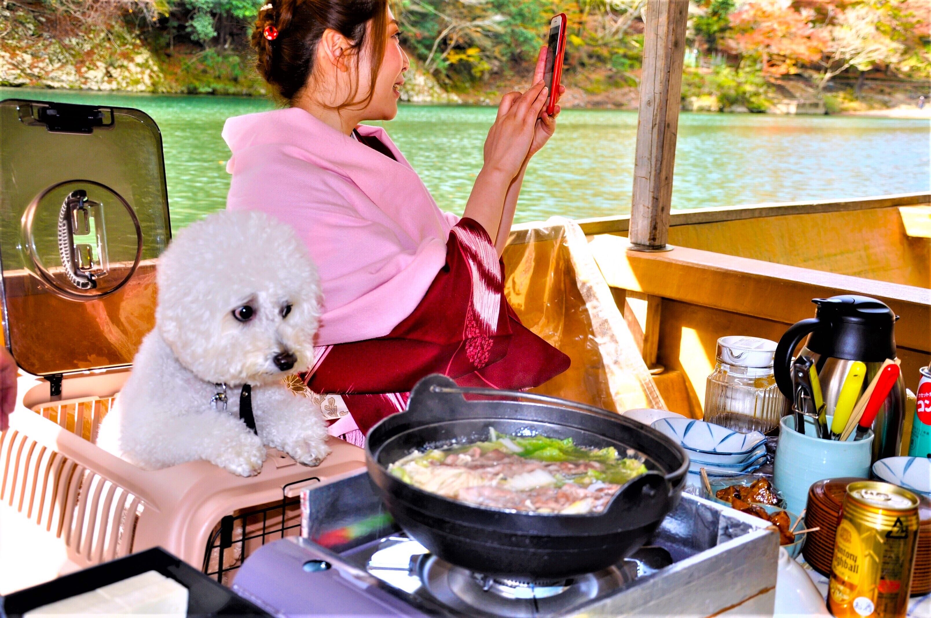 A person sitting at a table with a dog, a portable stove with food, and a scenic view of a body of water.