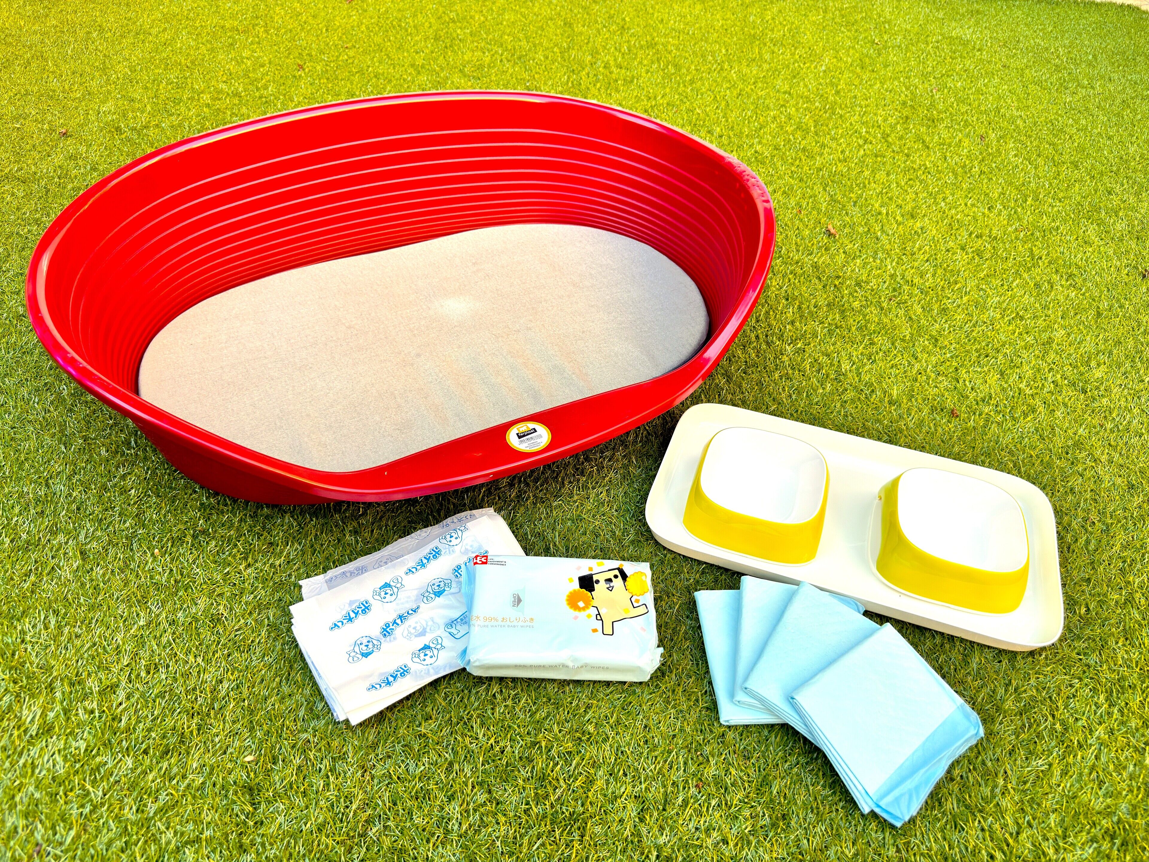 A red pet bed, two yellow and one blue water dish, and a pack of baby wipes on a grassy surface.