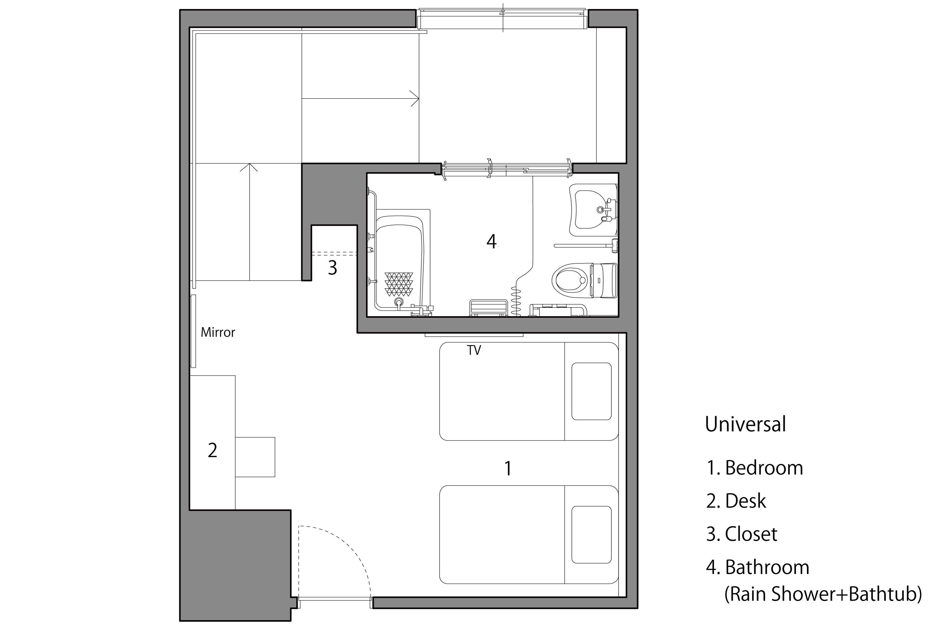 Planta baixa de um quarto com cama, escrivaninha, armário e banheiro.