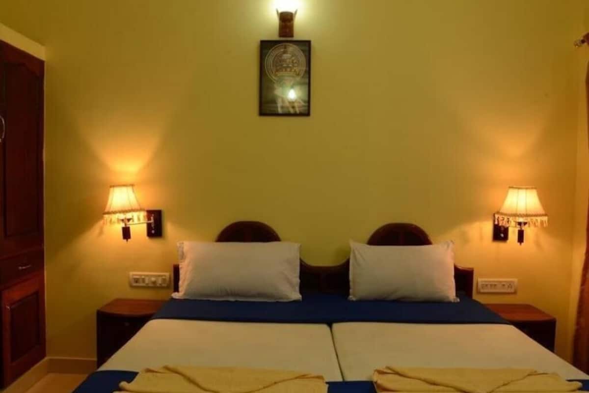 A double bed with two pillows, a bedside table, a wall-mounted lamp, and a framed picture on the wall.
