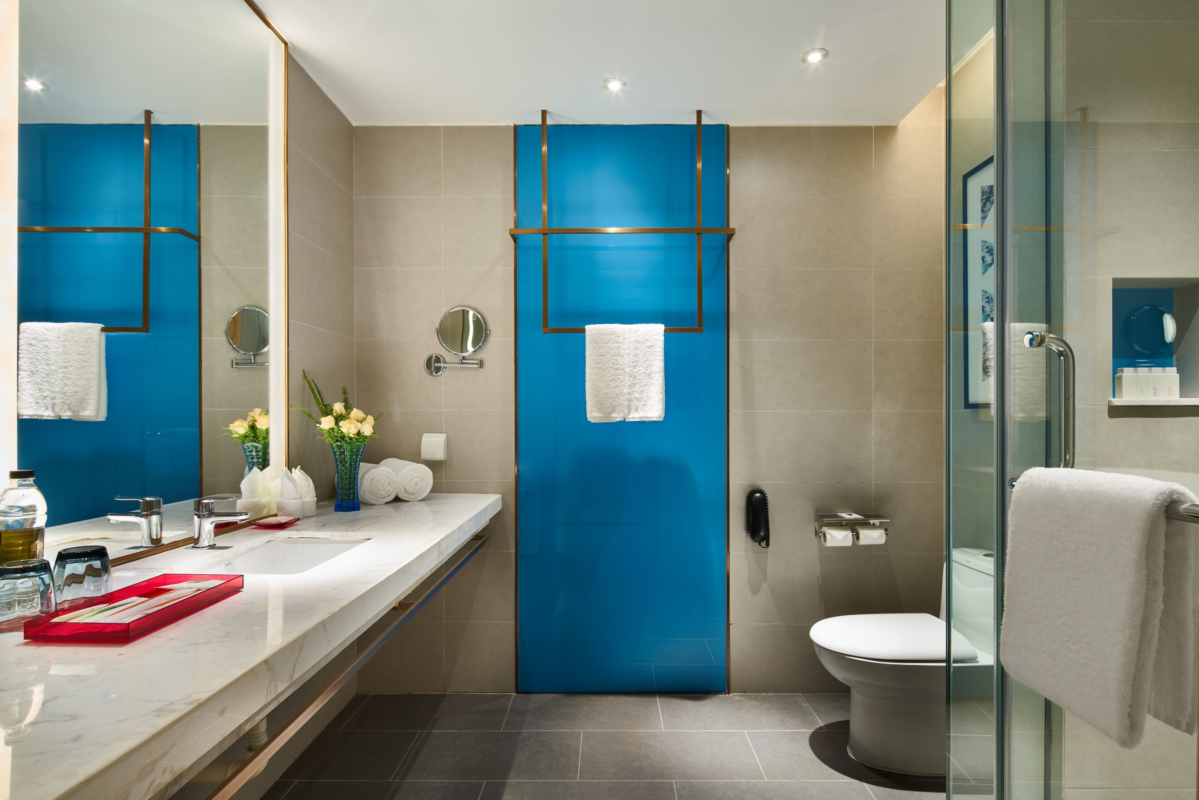 shower, free toiletries, hair dryer, bathrobes