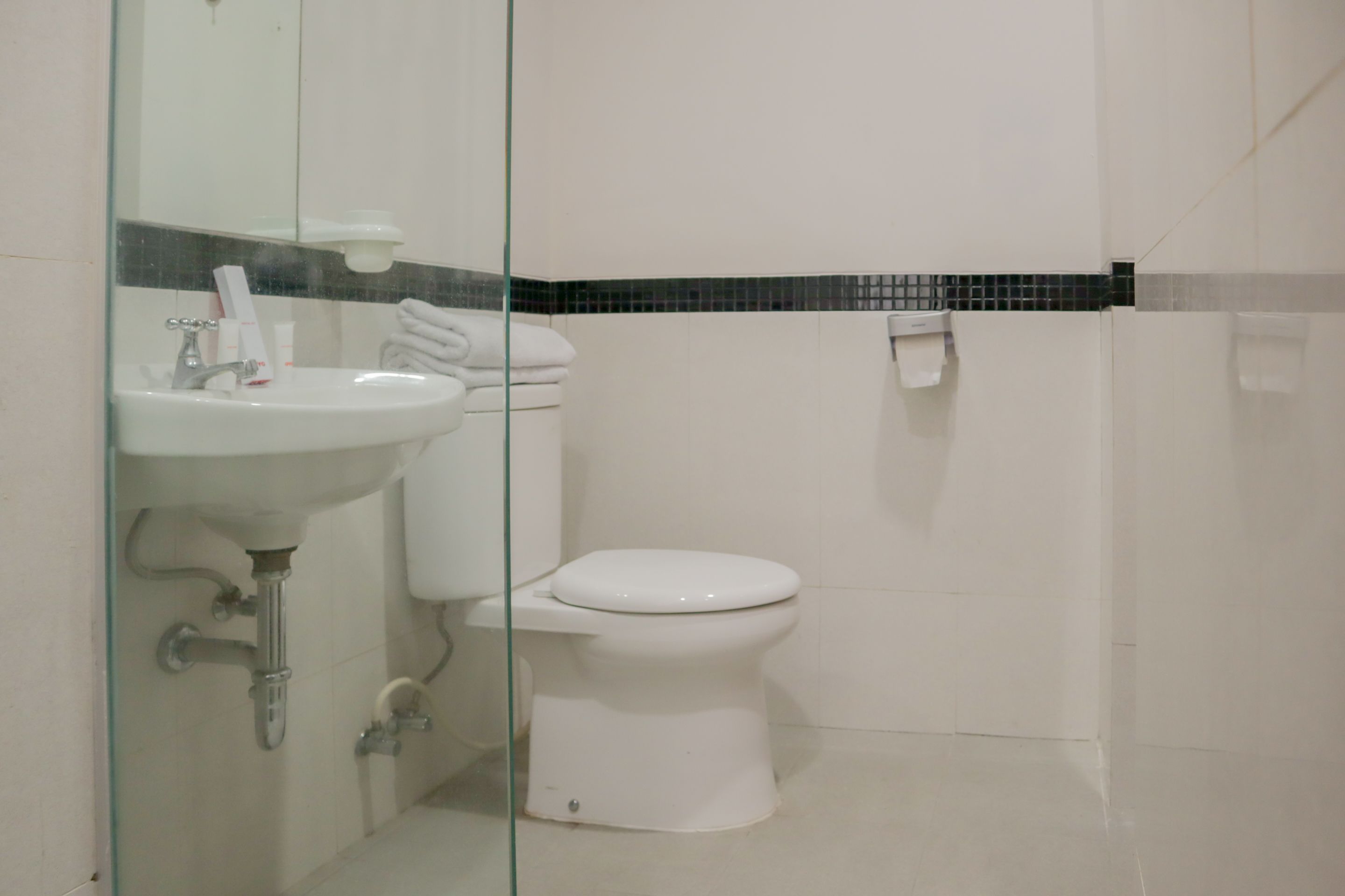 A bathroom with a white sink, toilet, and glass shower enclosure.
