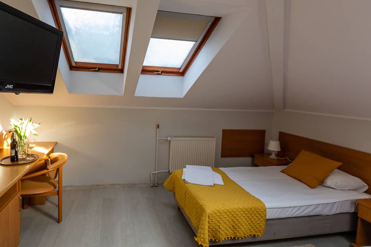 A bedroom with a bed, a desk with a chair, a TV, and skylights.