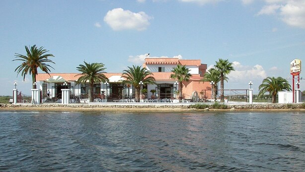 Un hôtel situé au bord de l’eau, avec un grand bâtiment, des palmiers et un ciel dégagé.