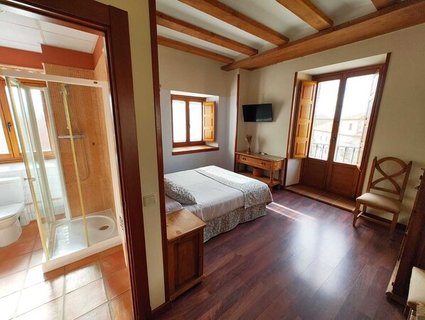 Une chambre à coucher comprenant un lit, un bureau, une télévision, une chaise et une salle de bain avec douche.