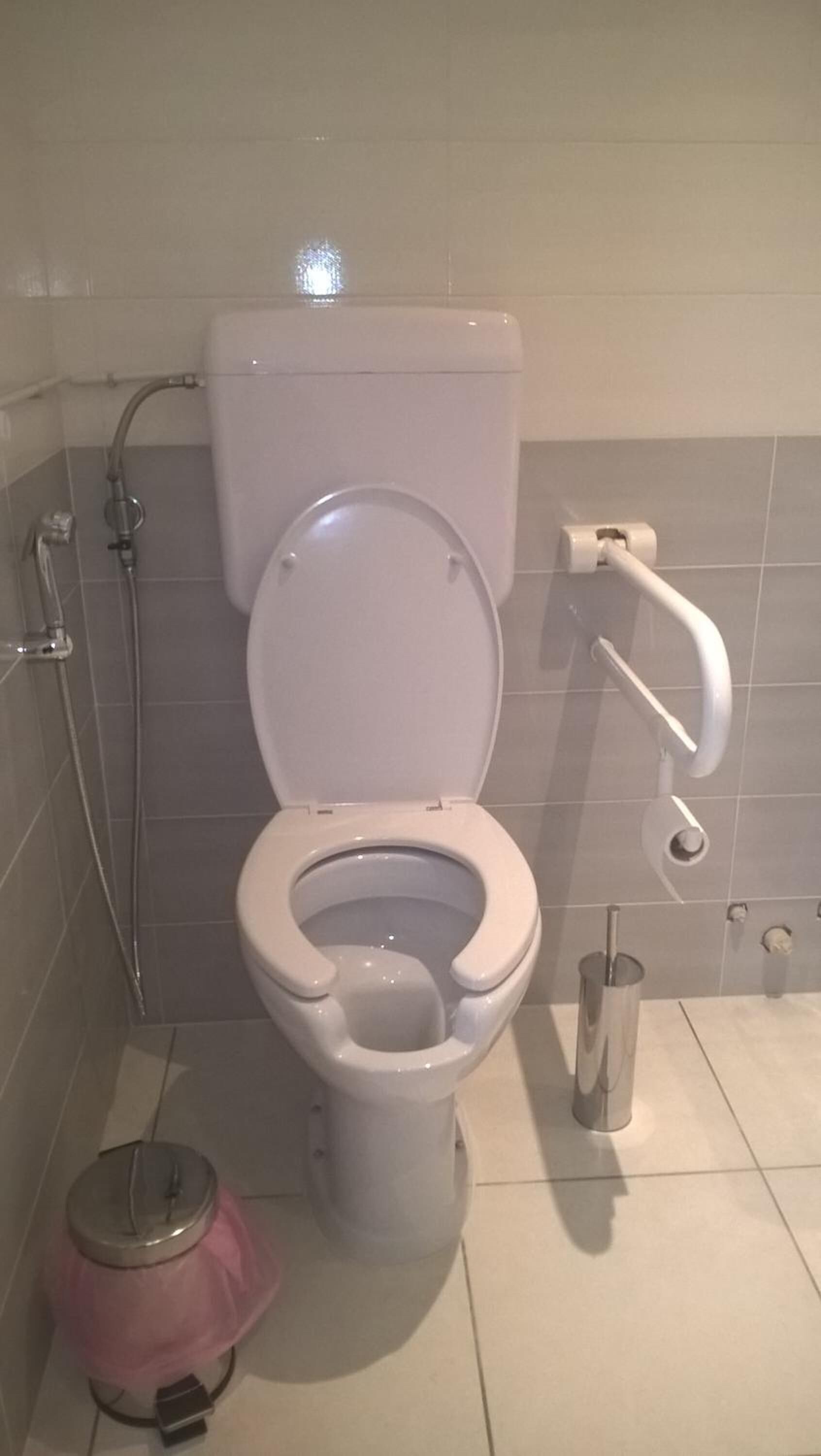 Ein Standardbad mit Toilette, Bidet und Mülleimer.