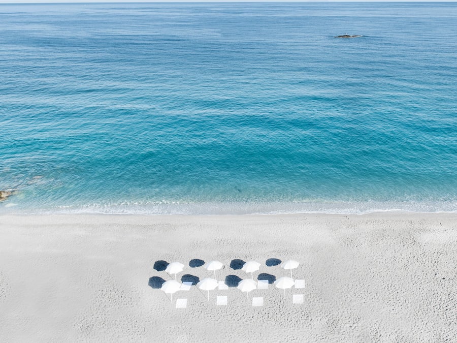 On the beach, sun-loungers, beach umbrellas, beach towels