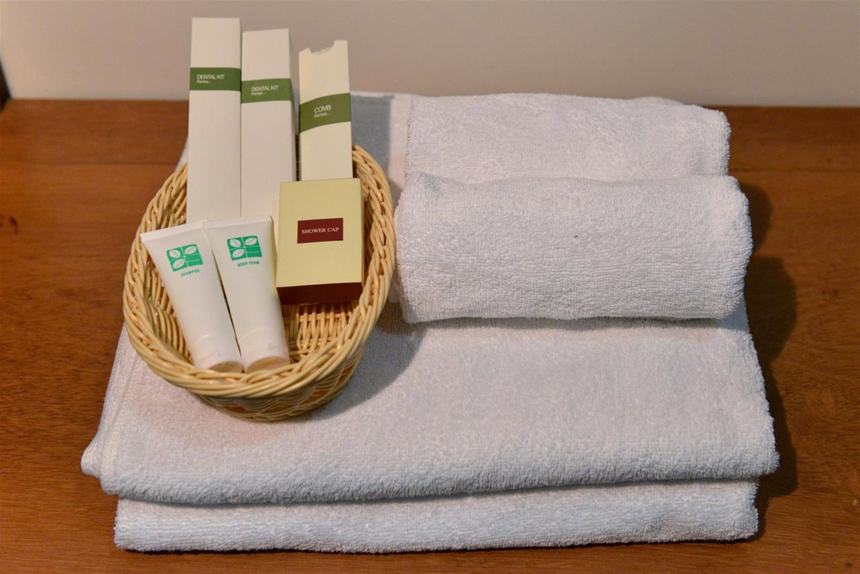 shower, free toiletries, slippers, towels