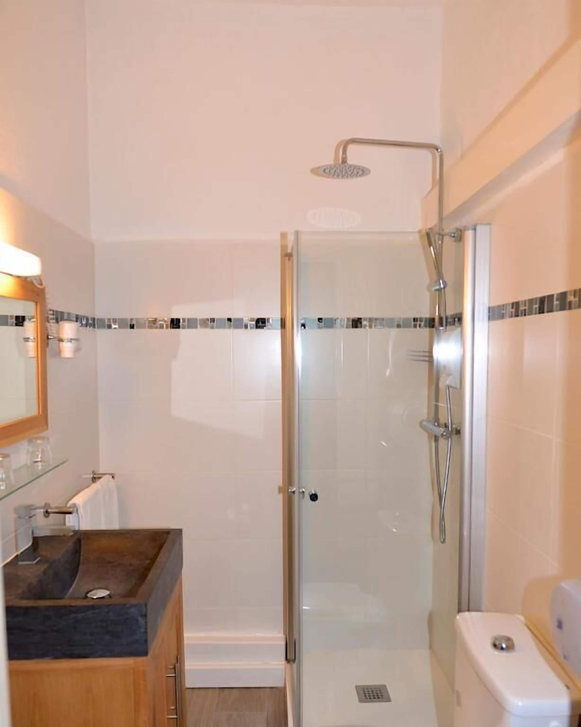 A bathroom with a glass-enclosed shower, a wooden vanity, and a white toilet.