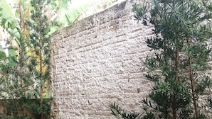 Un espace jardin agrémenté d’un mur en briques, de plantes en pot et d’un chemin de gravier.