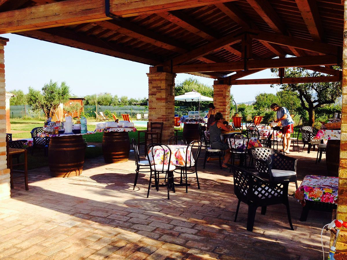 An outdoor patio area with brick flooring, wooden tables and chairs, and a covered section with a wooden roof.