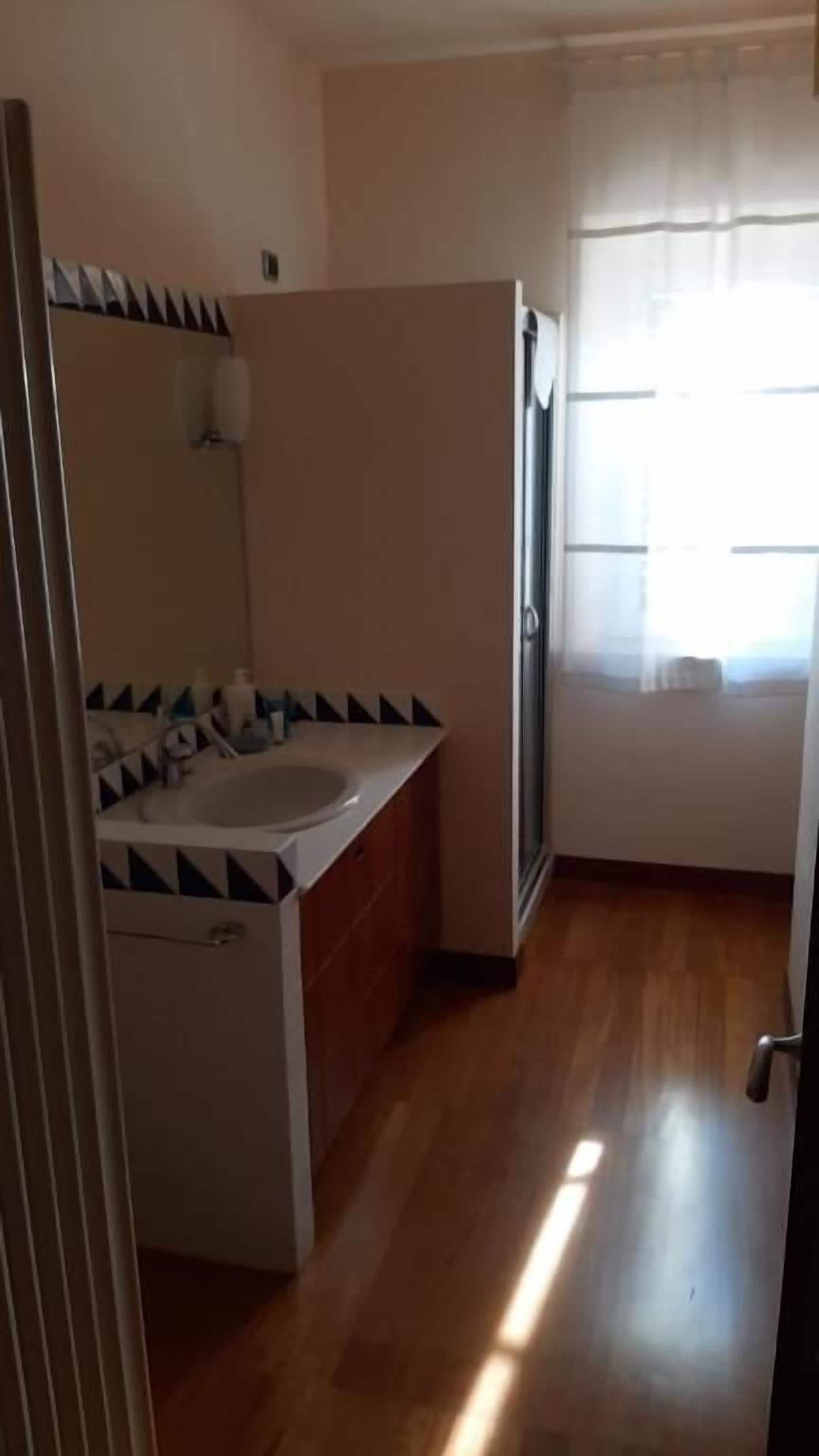 Un baño con lavamanos, espejo y ducha.