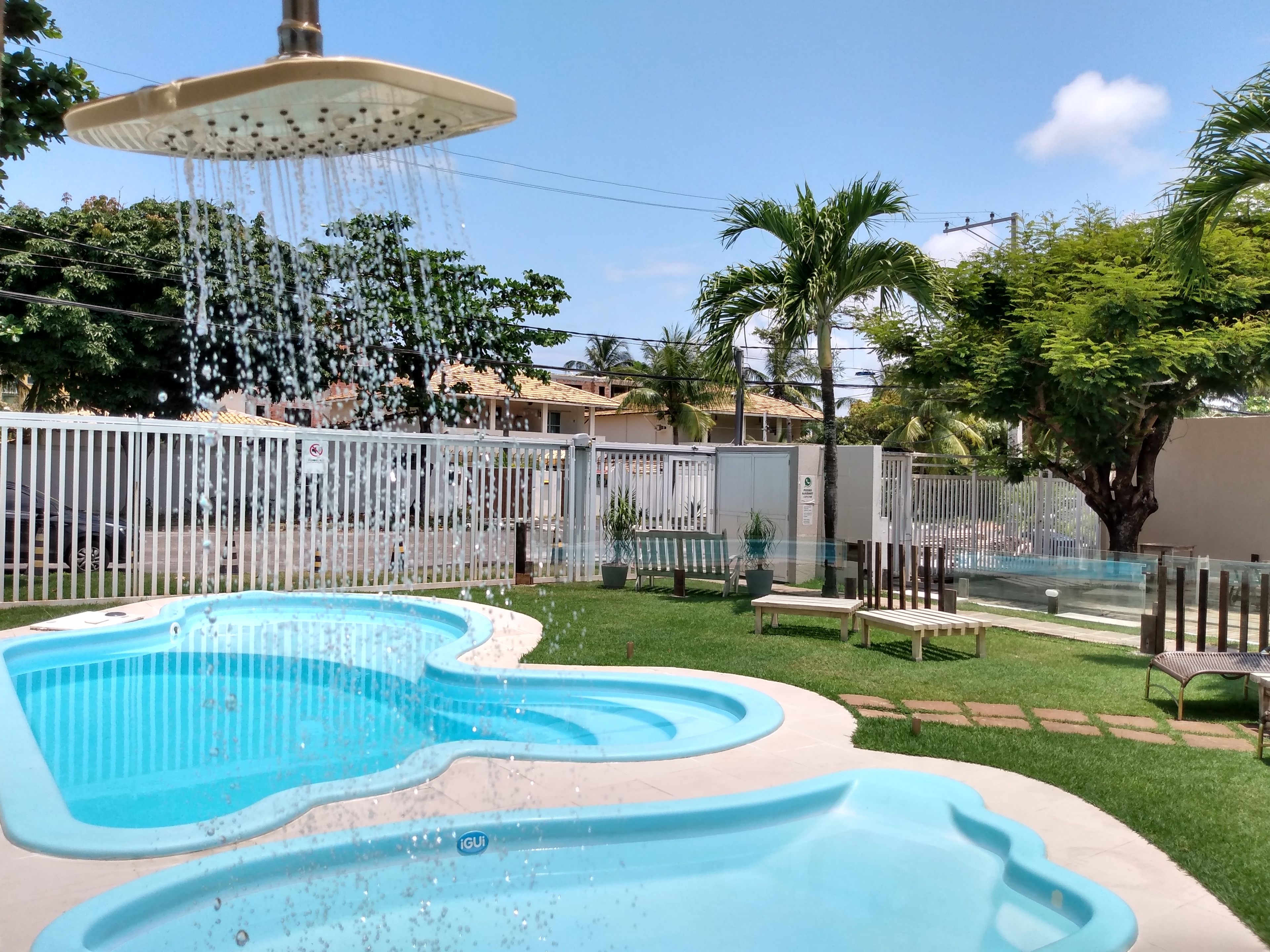 A swimming pool with a fountain, surrounded by a white fence, and a palm tree in the background.