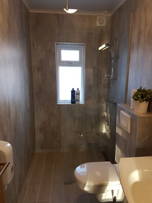 Hair dryer, towels, soap, shampoo