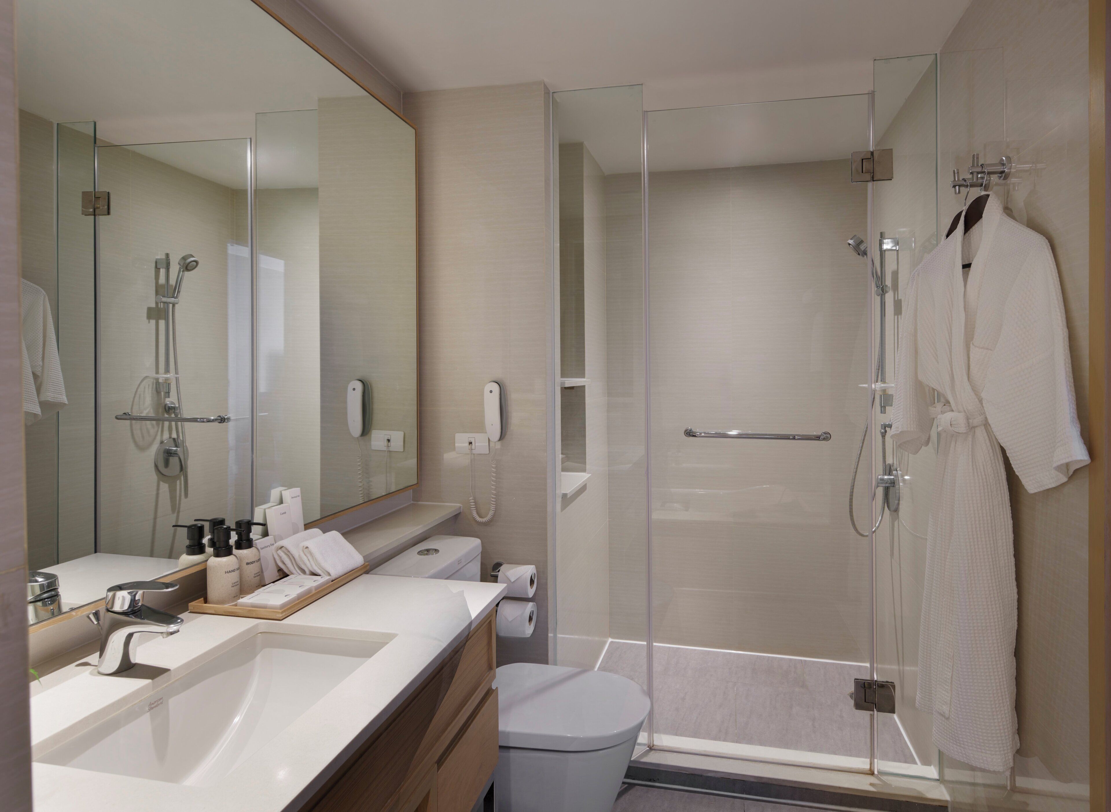 A modern bathroom with a glass shower enclosure, a vanity with a sink, and a toilet.