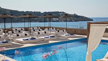 Seasonal outdoor pool, pool umbrellas, pool loungers