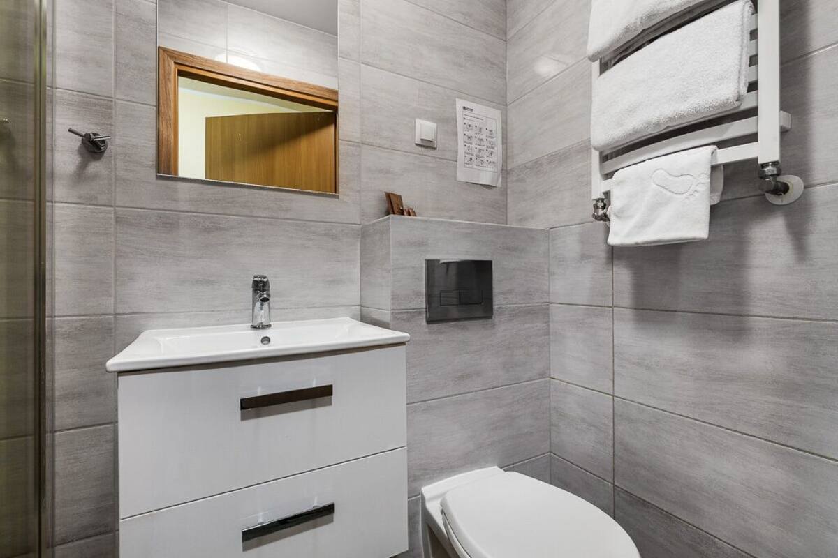 economy twin room, ground floor (indoor ice rink view) | bathroom | shower, free toiletries, hair dryer, towels