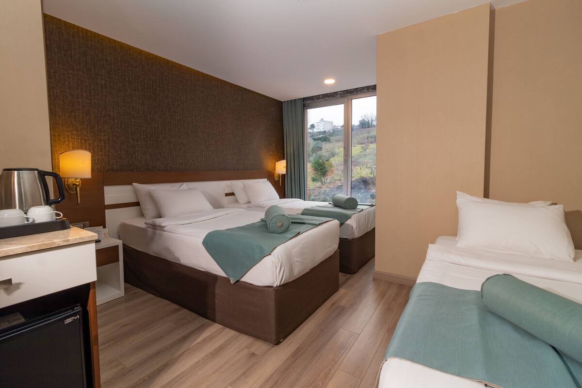 A hotel room with two beds, a desk with a coffee maker, and a view of the outdoors.