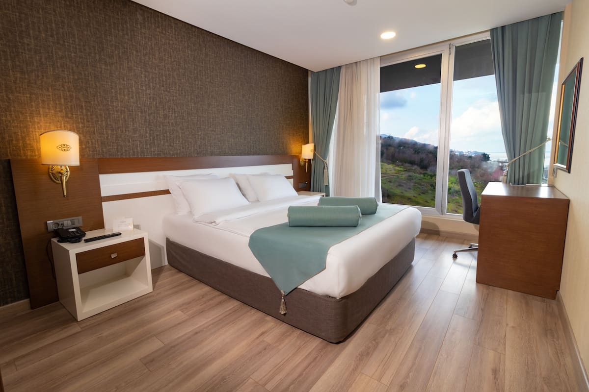 A modern hotel room with a large bed, bedside tables, a desk, and a view of the outdoors.