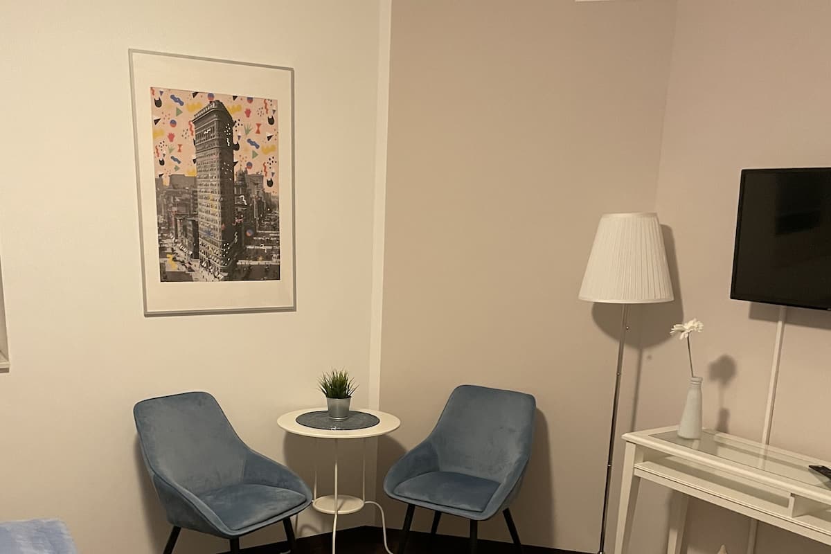 Ett rum med en säng, två stolar, ett litet bord med en växt, en lampa, en tv och en Buddha-staty.