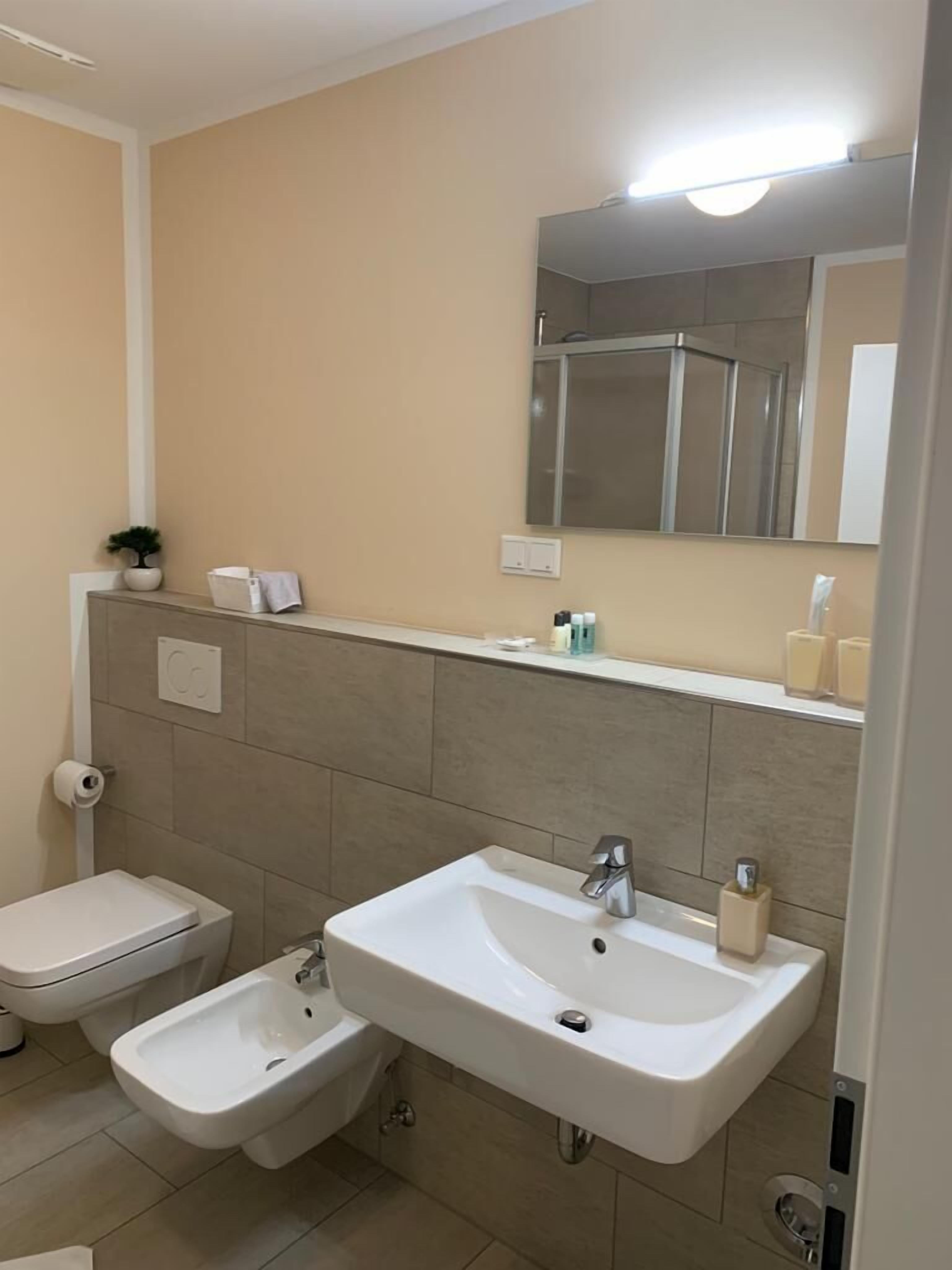 deluxe double room | bathroom | shower, free toiletries, hair dryer, towels